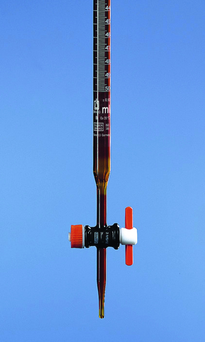 Burette, SILBERBRAND, classe B, robinet droit, 25:0,1 ml, verre brun, Boro 5.4, pointeau PTFE ( X 2 )