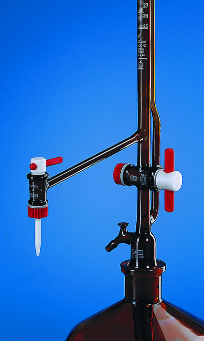 Burette zéro automatique, SILBERBRAND, 25:0,1 ml avec robinet intermédiaire, robinet latéral, carotte PTFE, brun
