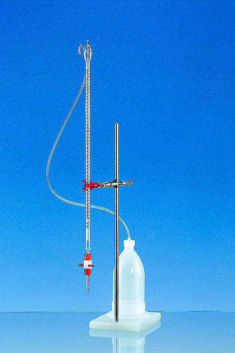 Burettes à zéro automatique, SILBERBRAND,  10 ml, bande photophore, Boro 3.3 avec flacon PE 1000 ml