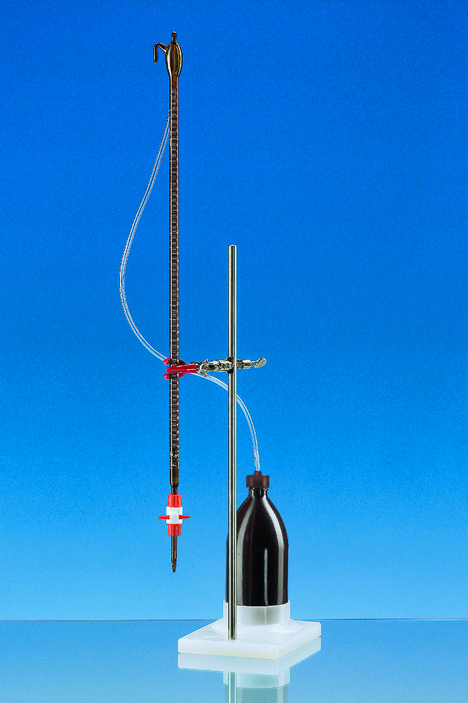 Burettes à zéro automatique, BLAUBRAND®, classe AS, DE-M, 50:0,1 ml, bande photophore, Boro 3.3, flacon PE-LD 1000 ml