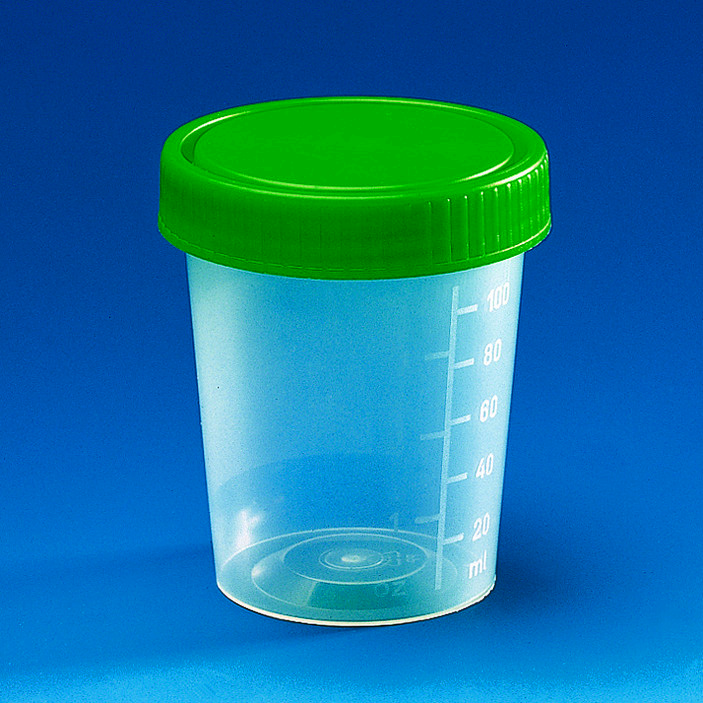 Pot à urine, PP, 100 ml, bouchon à vis PE (vert), non stérile ( X 1000 )