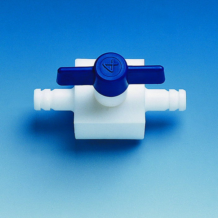 Robinet, PTFE, 1 voie avec olives pour tuyau diamètre intérieur 4 mm, voie 2 mm