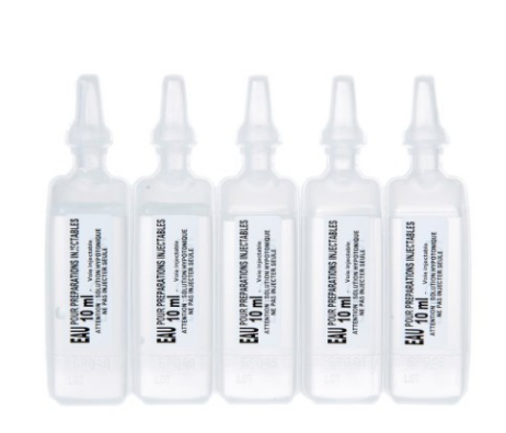 Ampoule d’eau pour préparations injectables (Eau PPI) – Plastique – 5 mL – Boîte de 100