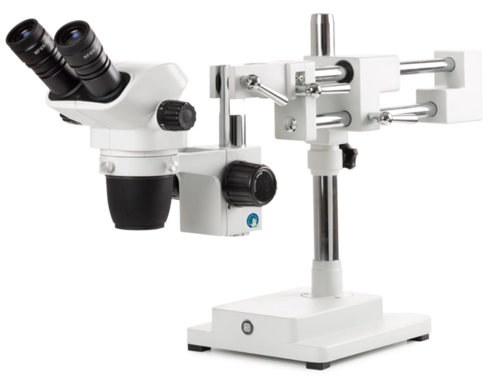 Microscope stéréoscopique, Loupe binoculaire NexiusZoom 6,7–45x, statif double bras, sans éclairage
