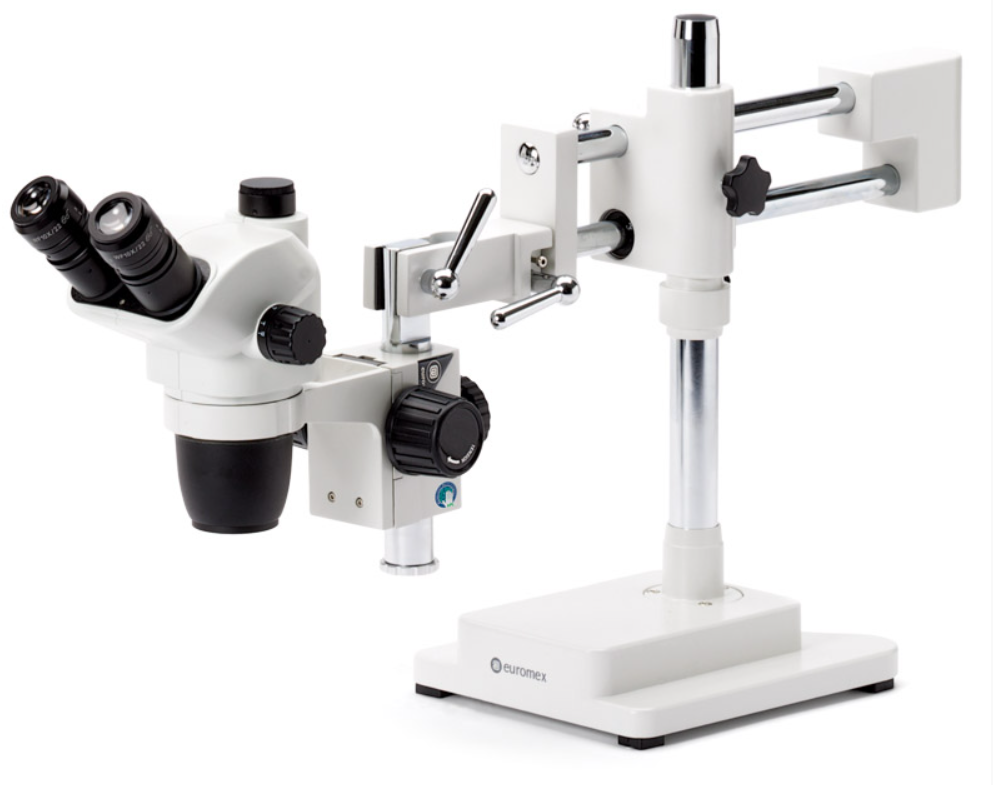 Microscope stéréoscopique, Loupe trinoculaire NexiusZoom 6,7–45x, statif double bras, sans éclairage