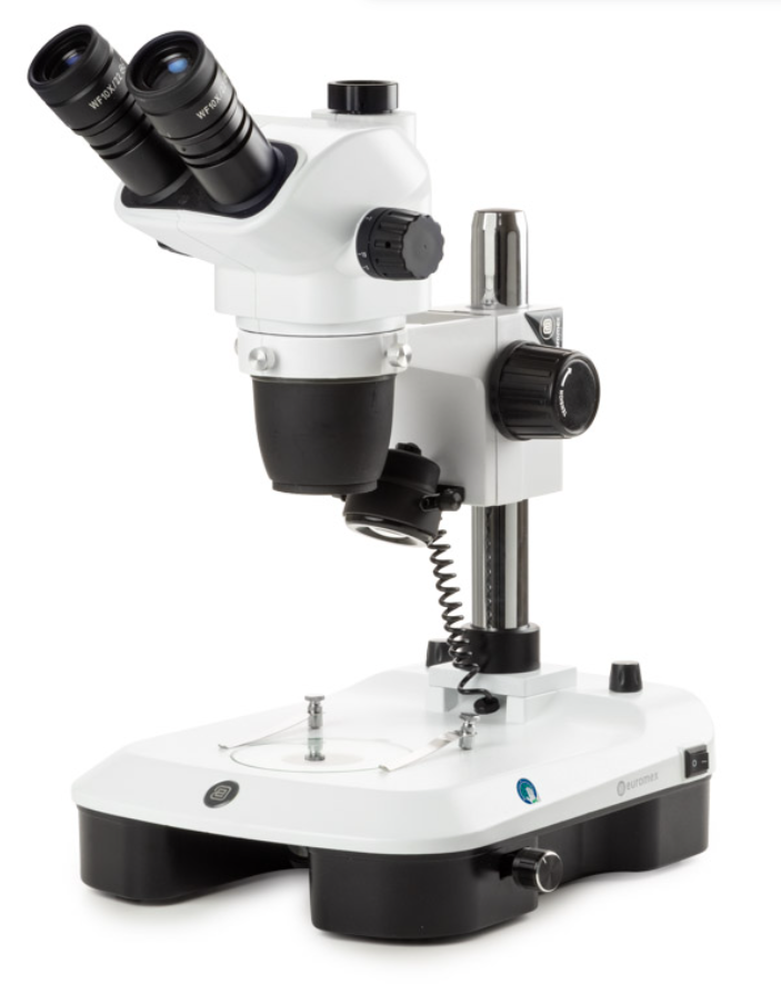 Microscope stéréoscopique, Loupe trinoculaire NexiusZoom 6,7–45x, statif à colonne, éclairage LED 3 W incident et transmis