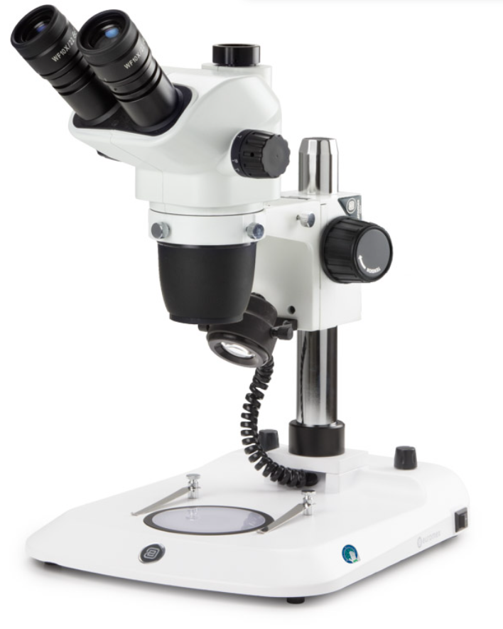 Microscope stéréoscopique, Loupe trinoculaire NexiusZoom 6,7–45x, statif à colonne, éclairage LED incident et transmis 3 W