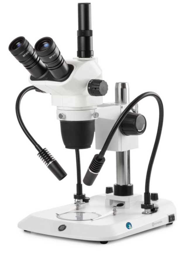 Microscope stéréoscopique, Loupe trinoculaire NexiusZoom 6,7–45x, statif à colonne, éclairage LED sur cols-de-cygne et transmis