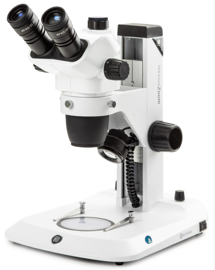 Microscope stéréoscopique, Loupe trinoculaire NexiusZoom 6,7–45x, statif à crémaillère, éclairage LED incident et transmis
