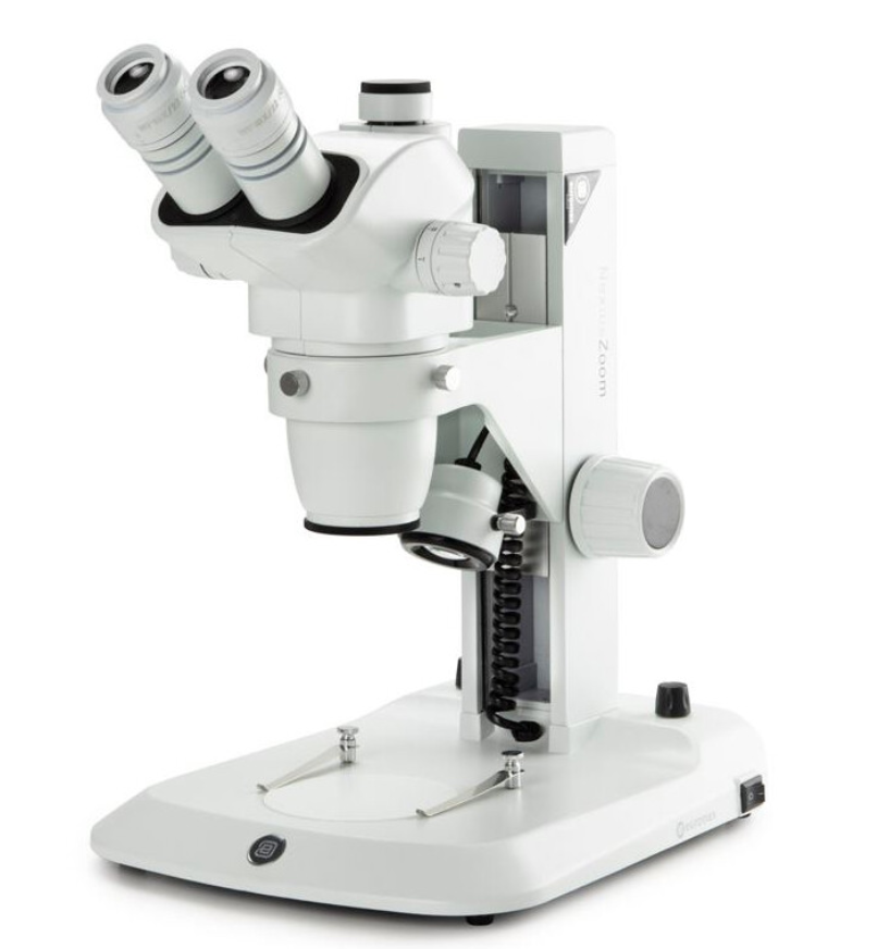 Microscope stéréoscopique, Loupe trinoculaire NexiusZoom ESD 6,7–45x, statif à crémaillère, éclairage LED incident et transmis