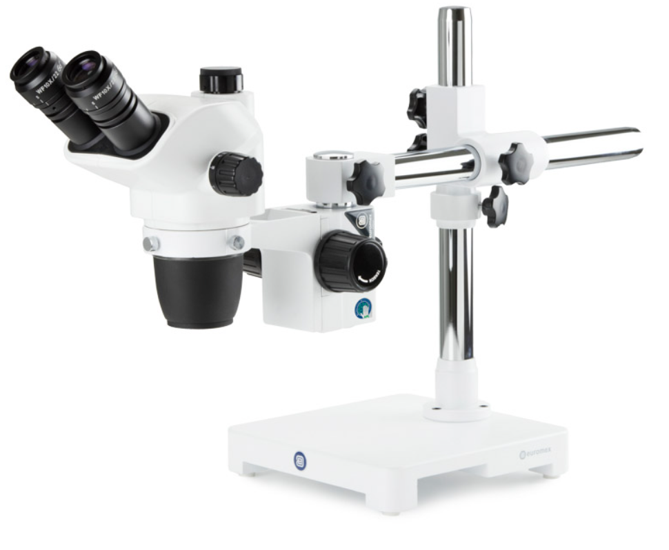 Microscope stéréoscopique, Loupe trinoculaire NexiusZoom 6,7–45x, statif universel à bras, sans éclairage