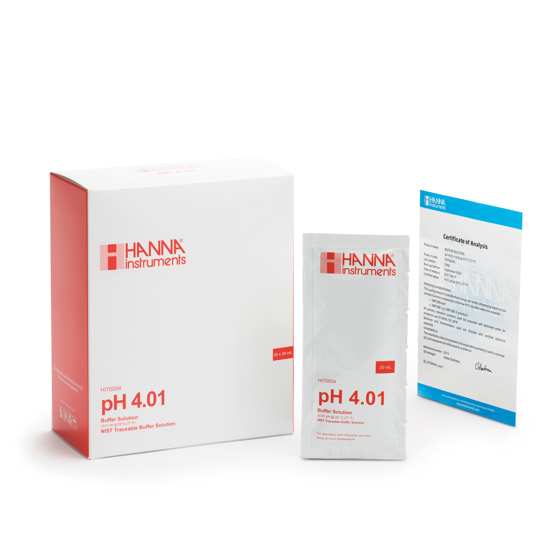 Solution tampon pH 4,01, certificat d'analyse, 25 sachets de 20 mL