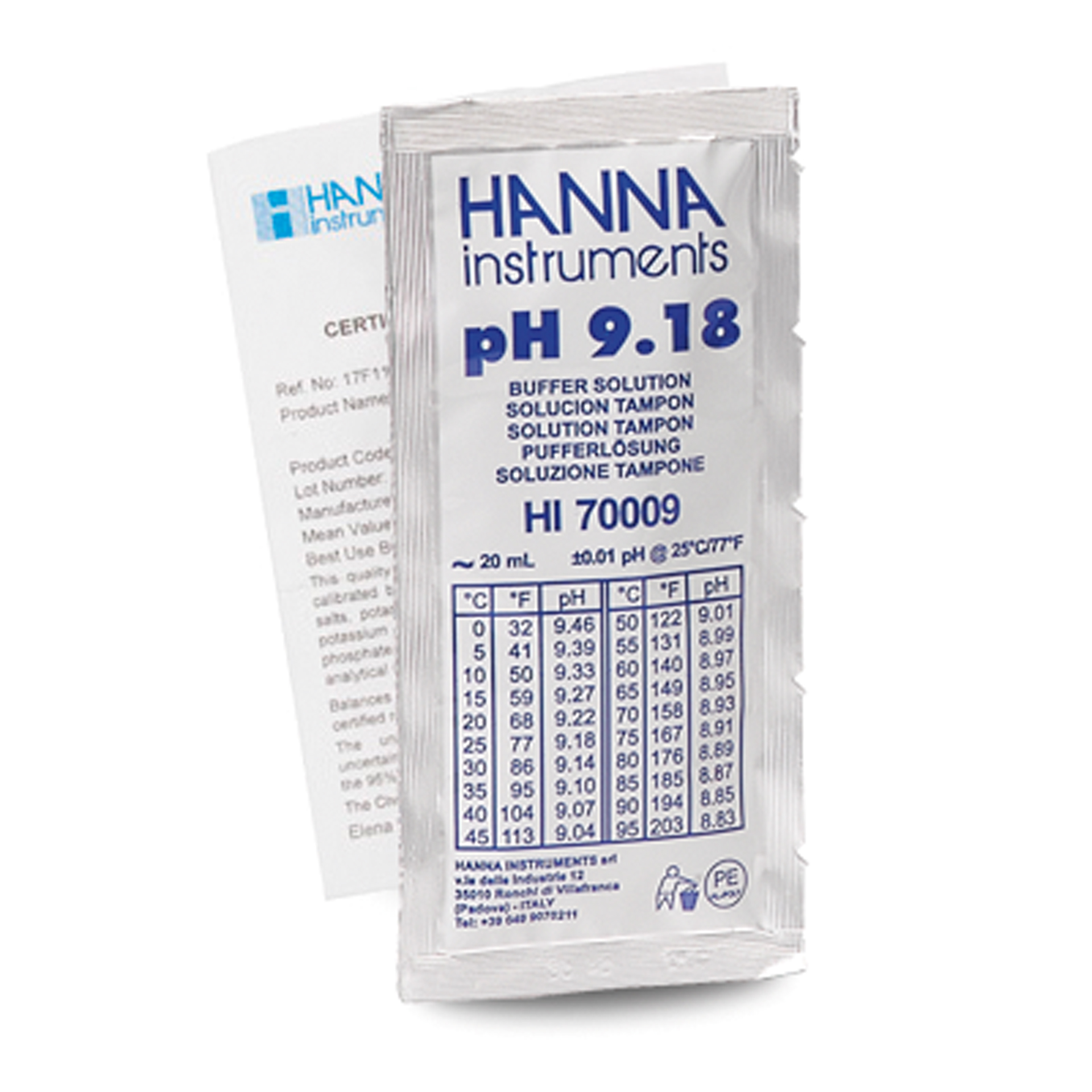 SOLUTION PH 9,18, 25 SACHETS DE 20 ML, CERTIFICAT D’ANALYSE