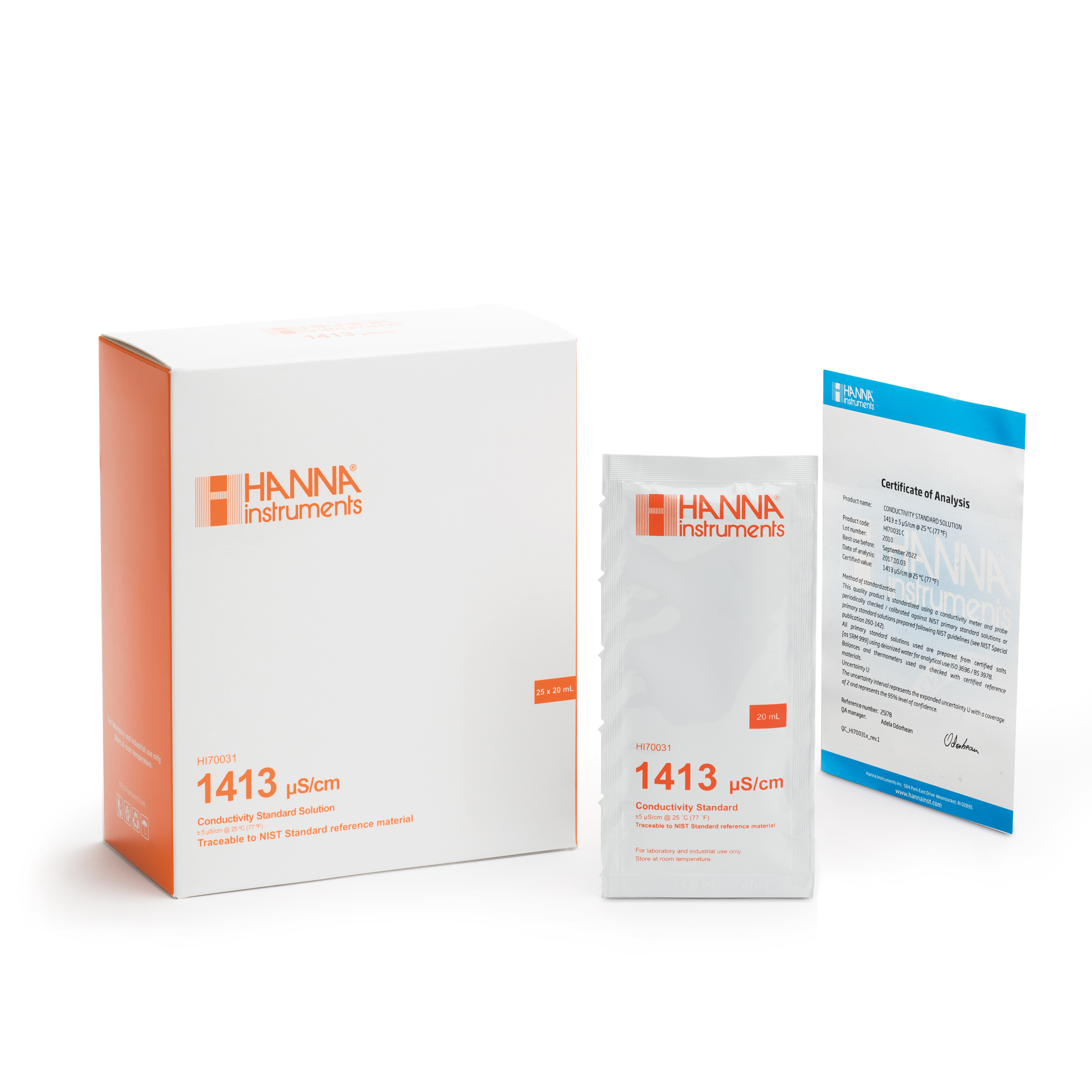 Solution d'étalonnage de conductivité à 1413 µS/cm, certificat d'analyse, 25 sachets de 20 mL