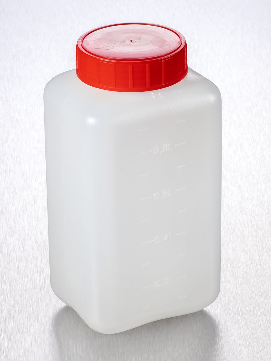 Flacon carré 1L PEHD na gradué H185 Ø58 bouchon rg obturateur na ( X 90 )