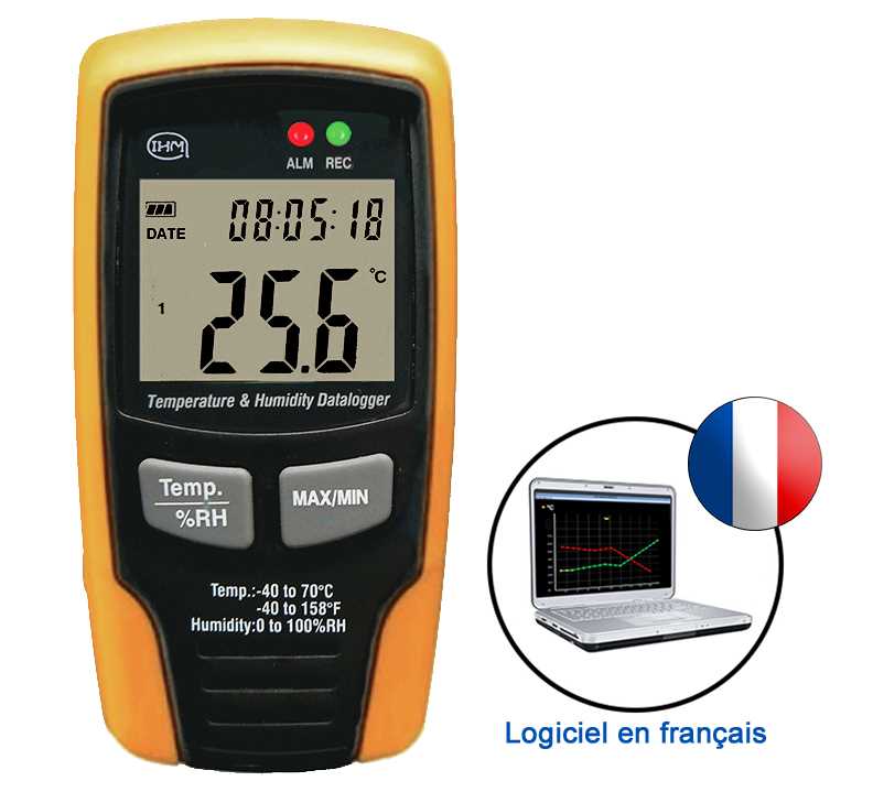 Enregistreur - Thermomètre / Hygromètre ambiant - Ecran LCD + Alarme LED - Sortie USB vers PC + logiciel