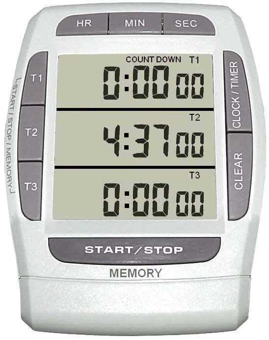 Minuteur digital 100 h - 3 lignes d'affichage - Compteurs / 3 décompteurs - Horloge