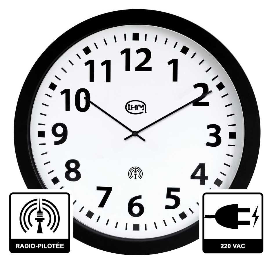 Horloge Ø 600 mm - Radio-pilotée - ABS noir - Verre minéral - Sur secteur - ABS noir