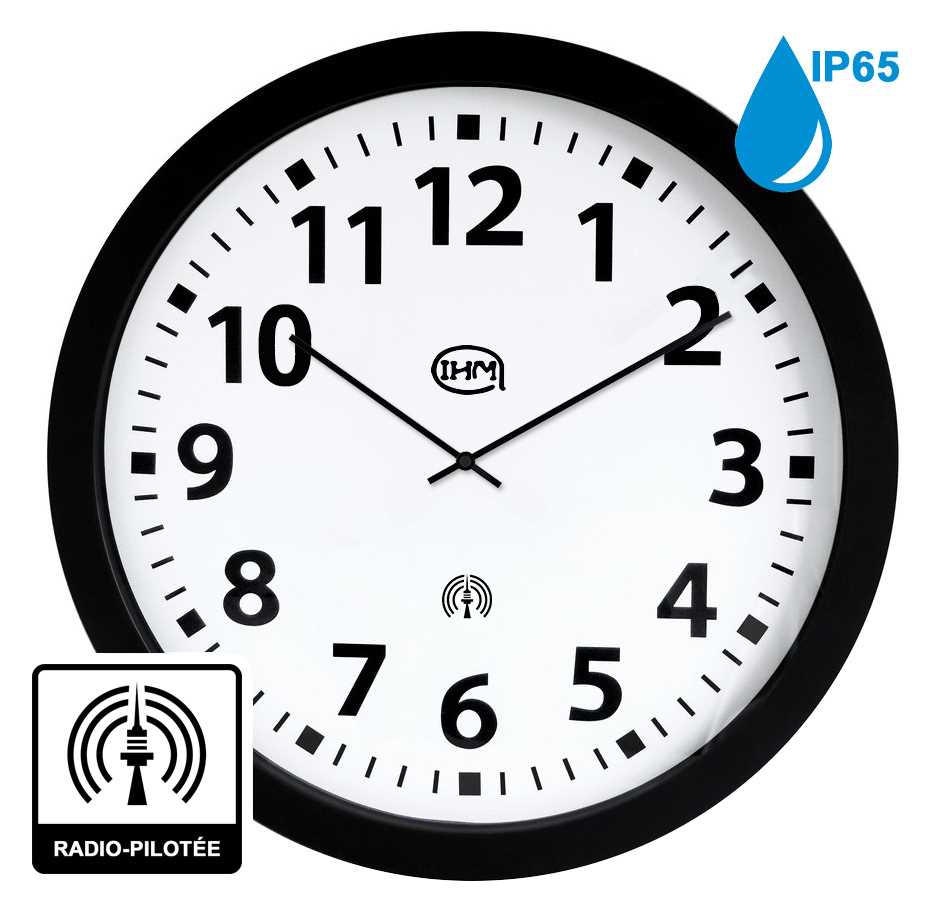 Horloge Ø 600 mm - Etanche IP65 - Radio-pilotée - ABS noir - Verre minéral - Sur Pile