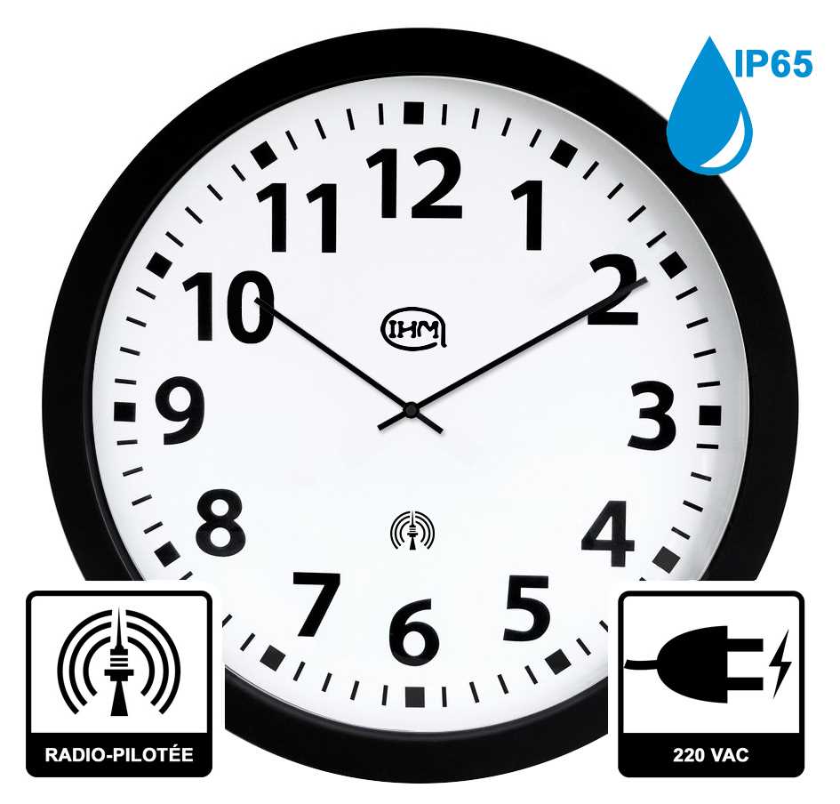 Horloge Ø 600 mm - Etanche IP65 - Radio-pilotée - ABS noir - Verre minéral - Sur secteur