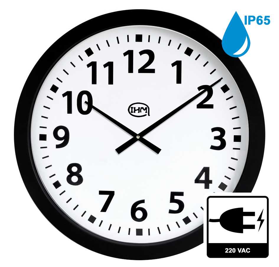 Horloge Ø 600 mm - Etanche IP65 - ABS noir - Verre minéral - Sur secteur