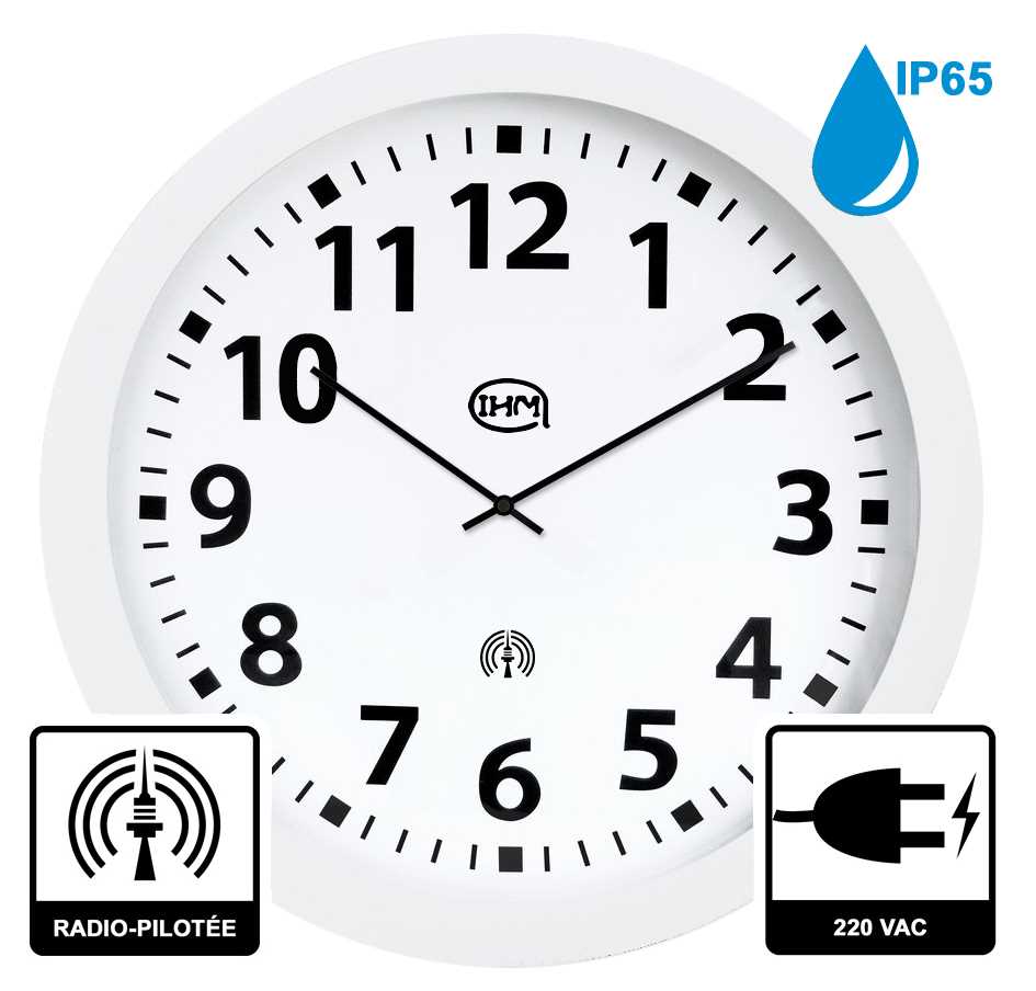 Horloge Ø 600 mm - Etanche IP65 - Radio-pilotée - ABS blanc - Verre minéral - Sur secteur