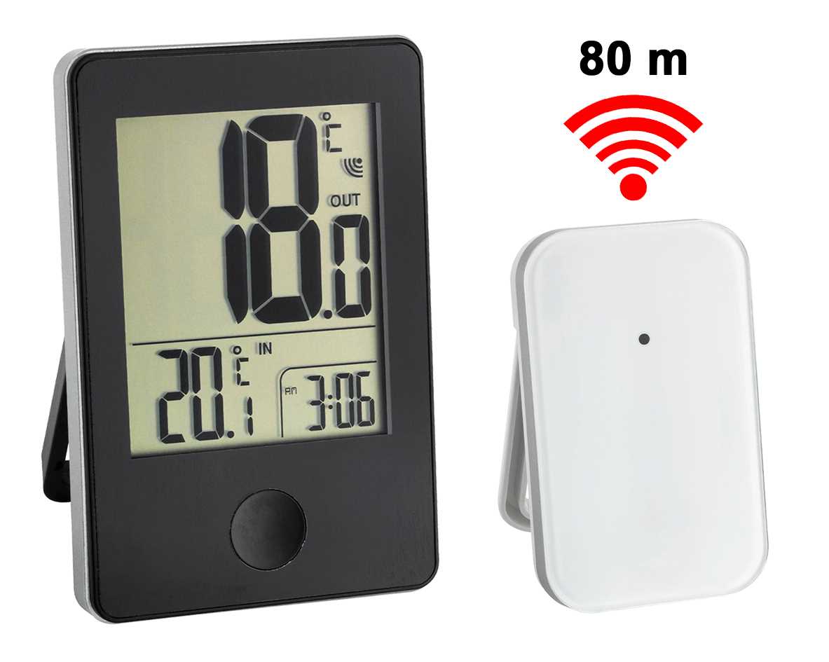 Thermomètre digital int./ext. - 1 émetteur sans fil - Horloge - Coloris noir