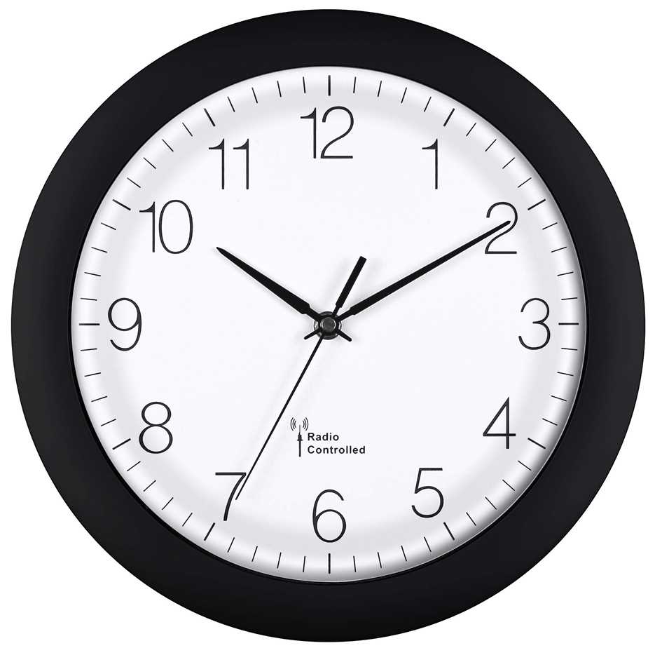 Horloge Ø 300 mm - Radio-pilotée - ABS noir - Verre minéral bombé - Sur pile