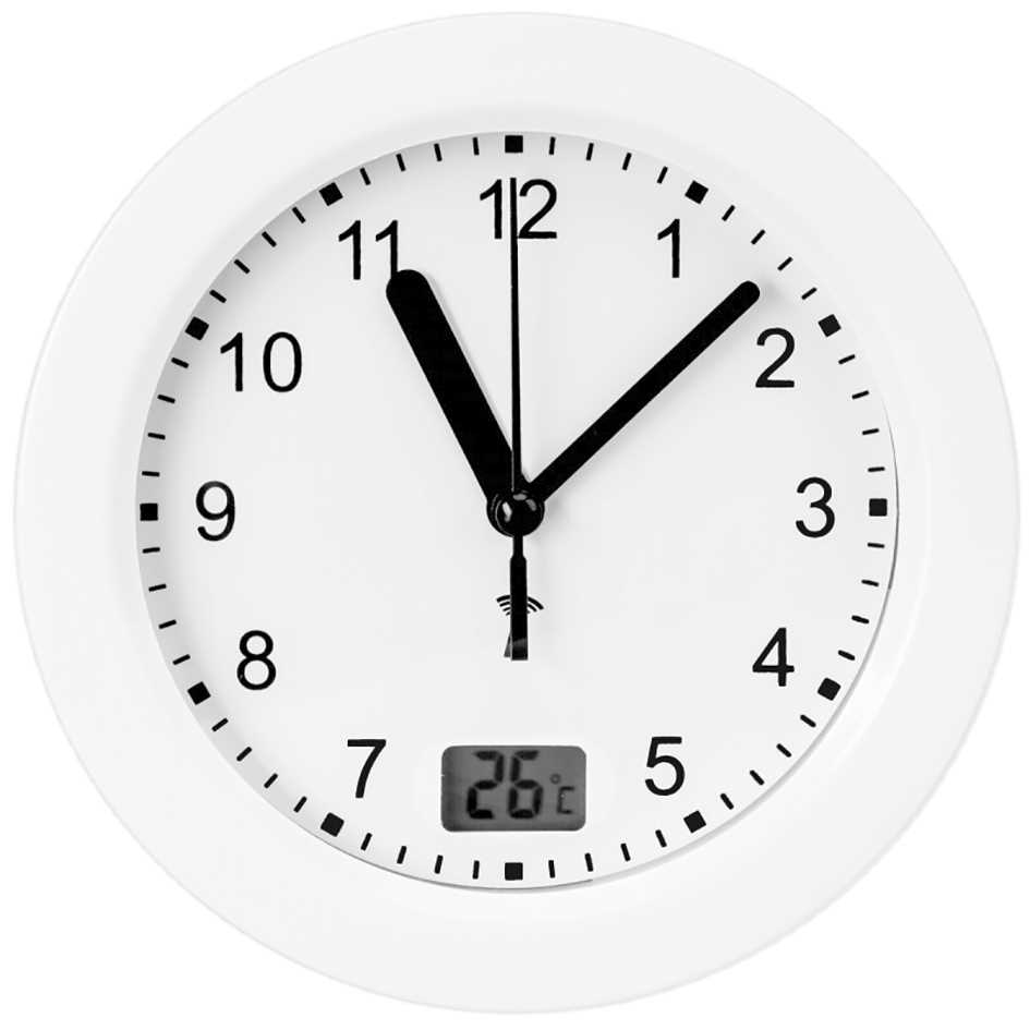 Horloge Ø 170 mm - Etanche IP54 - ABS blanc - Verre minéral - Thermomètre LCD - Sur pile