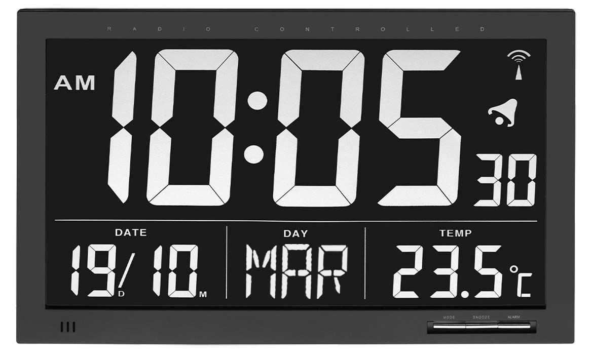 Horloge / Calendrier LCD - Digits blancs sur noir - Radio-pilotée - Thermomètre int. - Sur pile