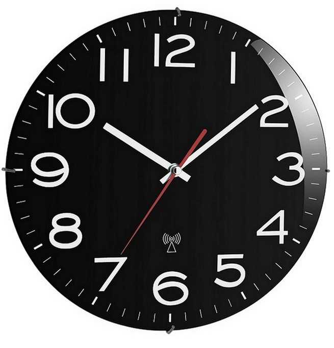Horloge Ø 310 mm - Radio-pilotée - Fond noir sans lunette - Verre minéral bombé - Sur pile
