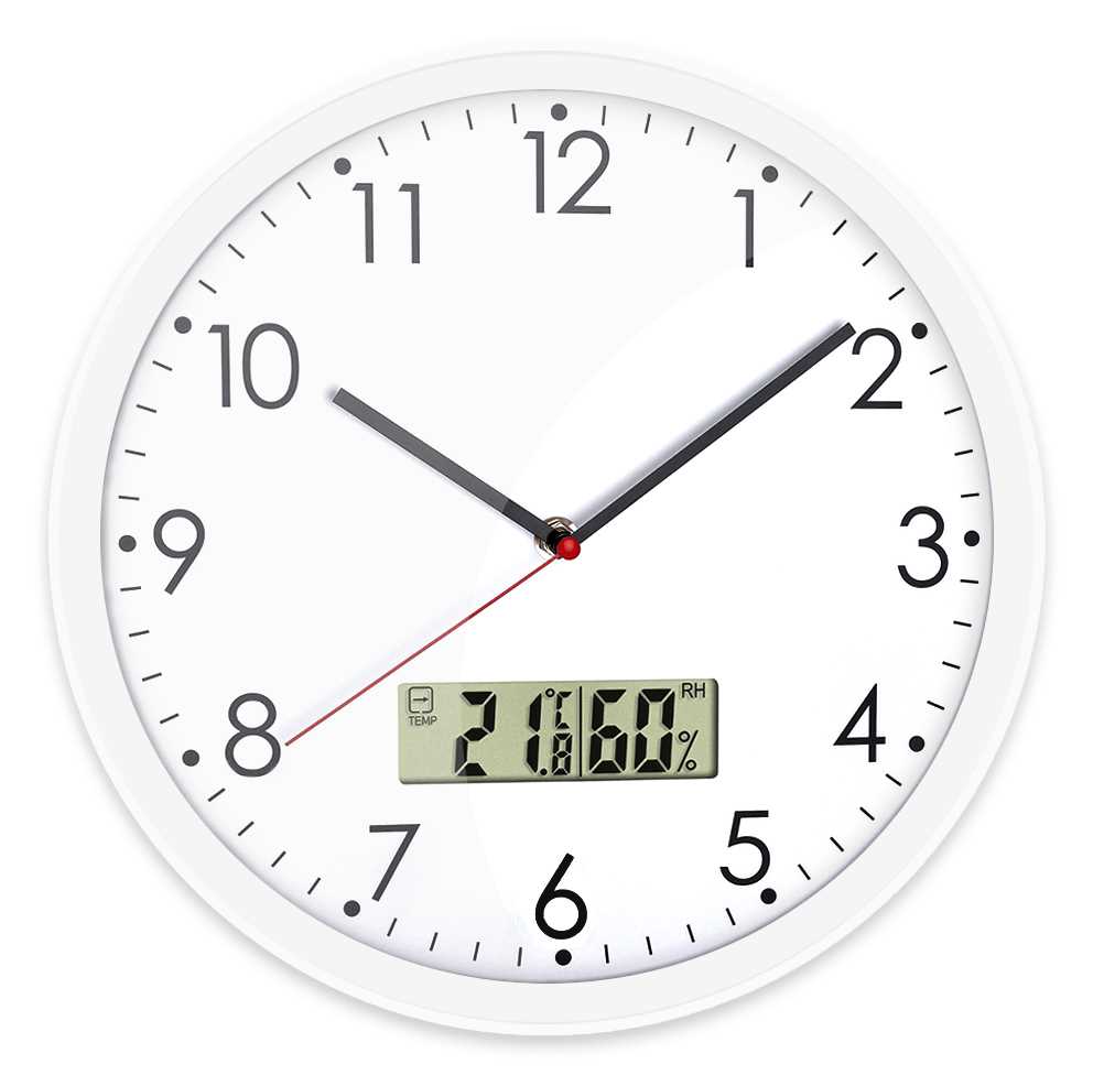 Horloge Ø 300 mm - ABS alu - Verre minéral - Thermomètre / Hygromètre LCD - Sur pile