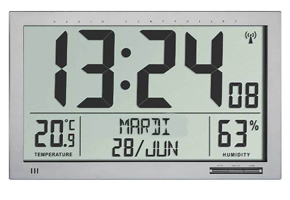 Horloge / Calendrier LCD - Radio-pilotée - Thermomètre / Hygromètre ambiant - Sur pile