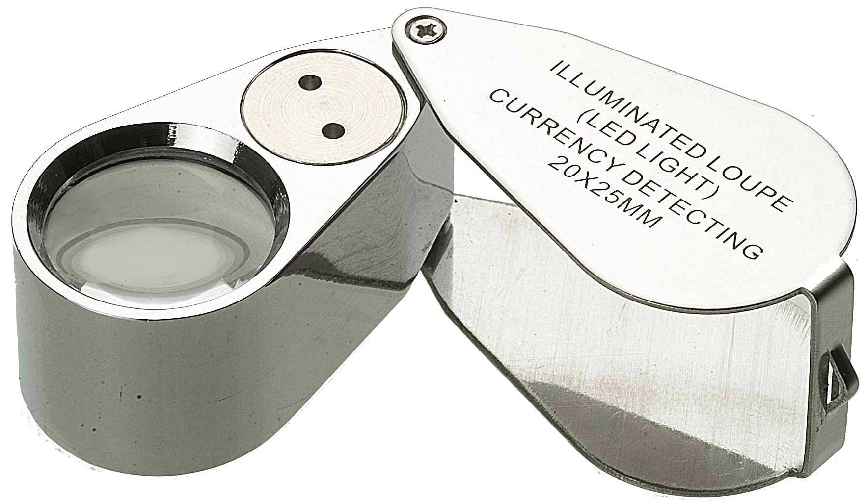 Loupe d'expertise 20X25 pliable éclairante - 2 LED + 1 LED UV - Métal