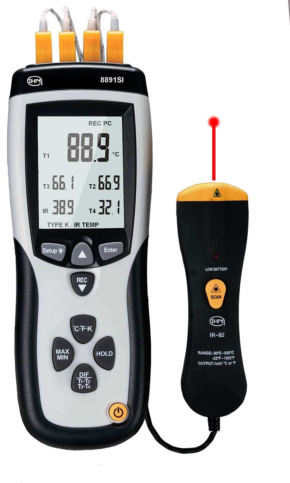 Enregistreur - Thermomètre type K - 4 canaux / Thermomètre IR - Sortie USB vers PC + logiciel