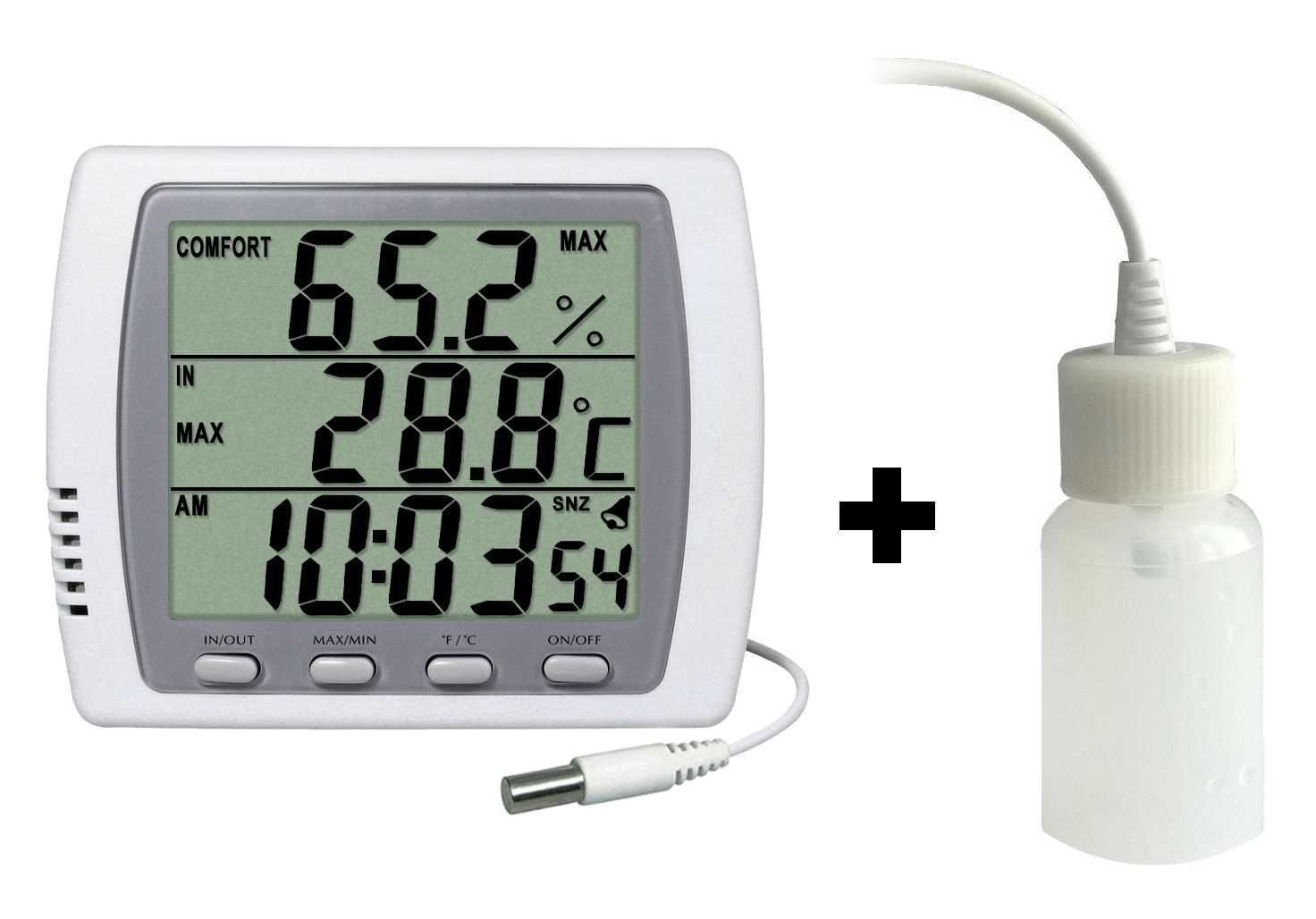 Thermomètre digital int./ext. - Sonde NTC embout inox / Hygromètre - Horloge - Grand affichage + Ralentisseur thermique