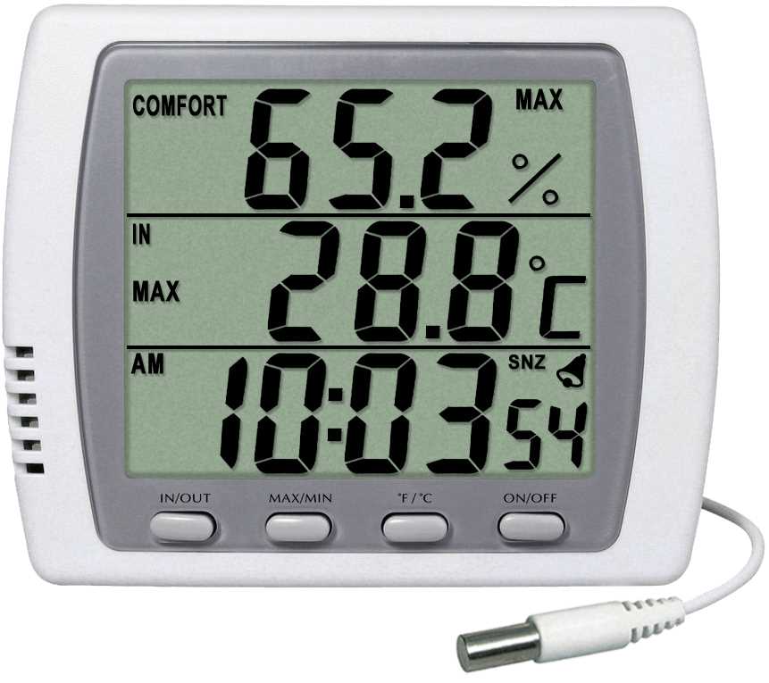 Thermomètre digital int./ext. - Sonde NTC embout inox / Hygromètre - Horloge - Grand affichage