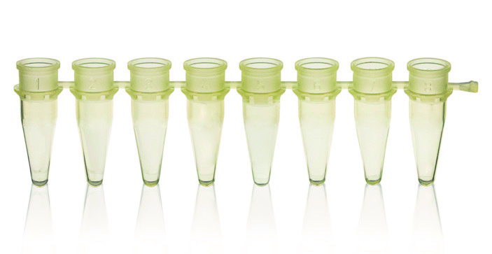 Barette de 8 tubes PCR, PP, jaune, 0,2 ml, sans bouchons ( X 125 )