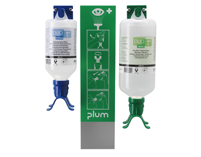 Station Combi Plum DUO avec 1 x 500 ml Plum Eyewash pH Neutral 4.9% Phosphate DUO et 1 x 1000 ml Plum Eyewash 0,9% Sodium Chloride DUO - UNITE