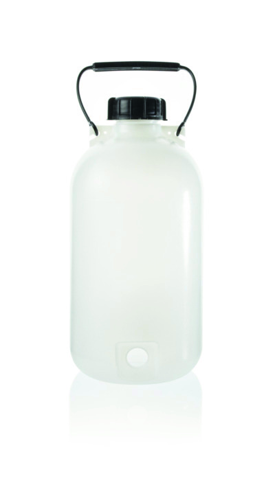 Flacon tubulé, PE-HD, col étroit, 5 l, sans robinet, avec bouchon à vis et poignée