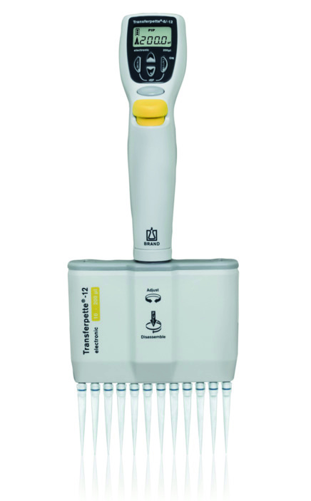 Transferpette® -12 electronic, DE-M, 10-200 µl, adaptateur CA Europe (100-240 V / 50-60 Hz)